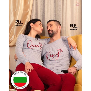 пижами KING QUEEN сиво и бордо бродирани